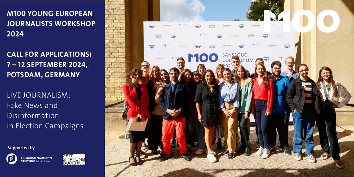 A group of people between 20 and 30 years old, with the M100 banner in the background