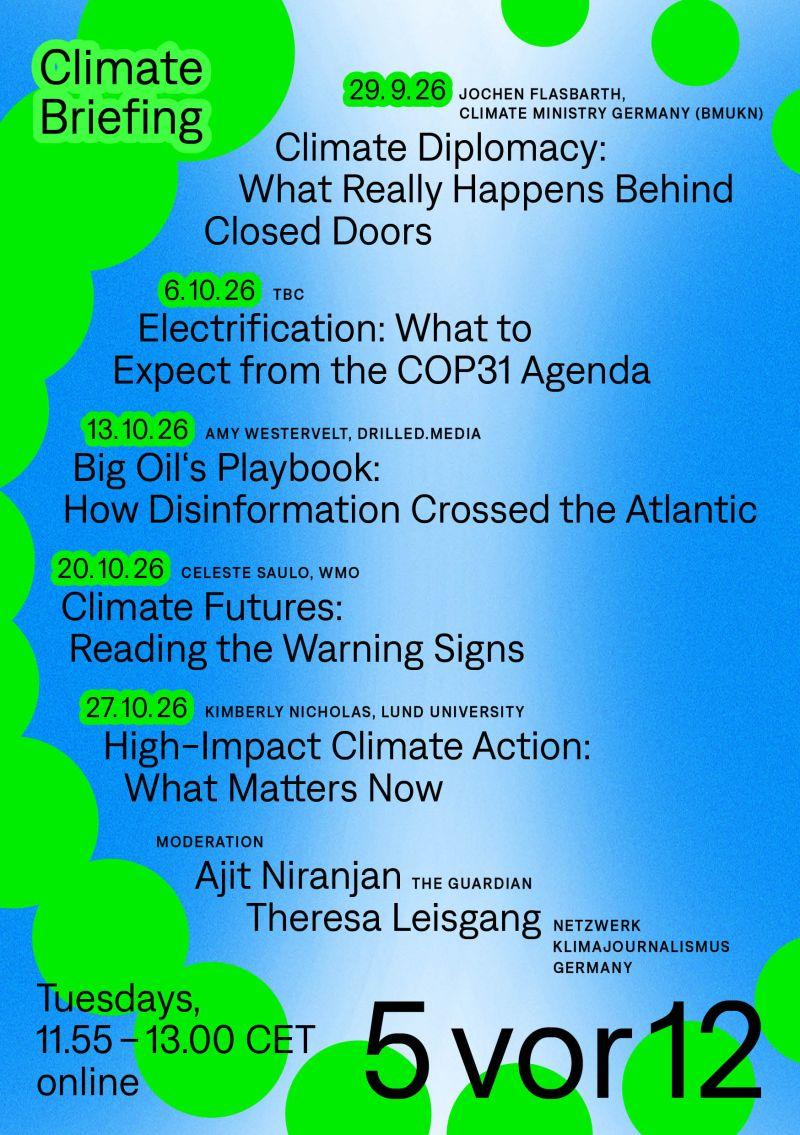 Climate briefings by Netzwerk Klimajournalismus - register now, five Tusedays in a row in fall 2026