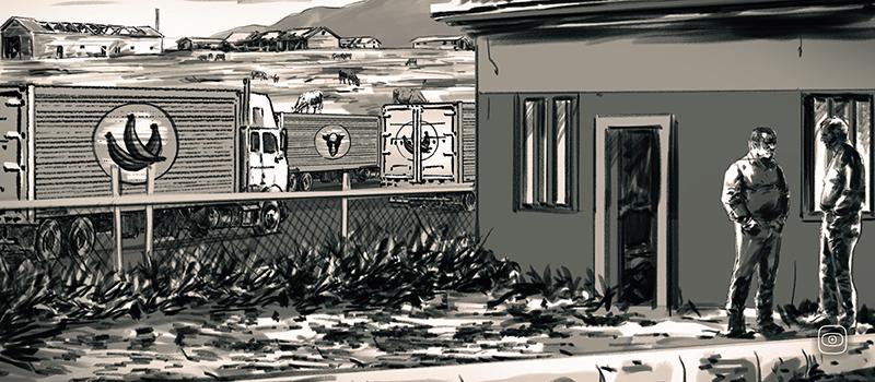 Illustration of two men talking beside a rural building as livestock trucks drive through a farmland landscape in the background.