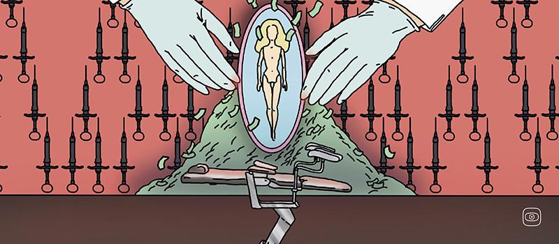 Illustration depicting a woman surrounded by hands and scissors