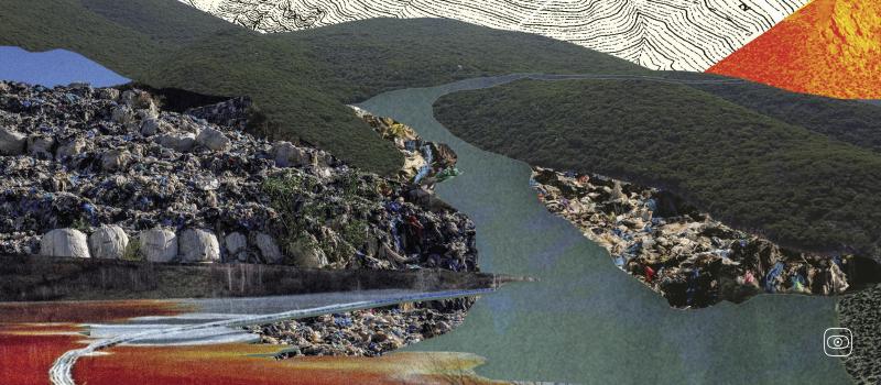 a collage featuring a river and hills of waste