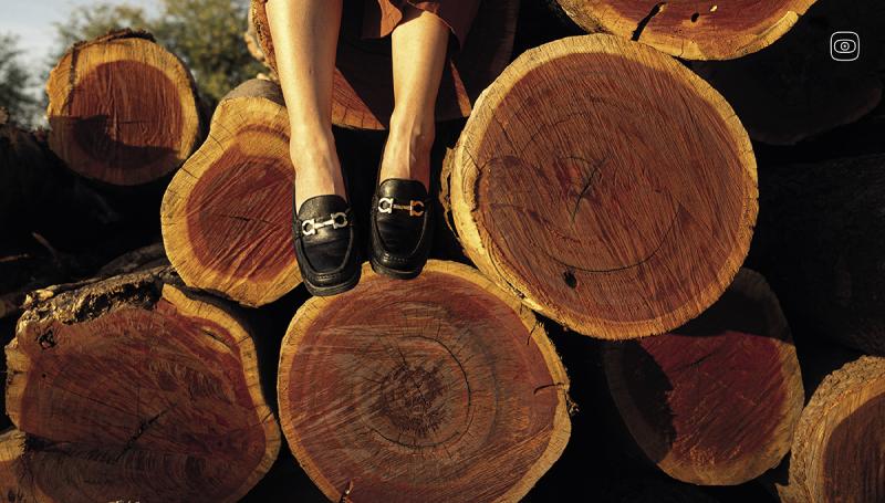 Big round chunks of cut timber, a woman is sitting on it in fancy black leather shoes