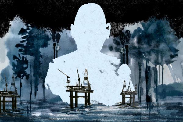 drawing of a silhouette, trees and ships