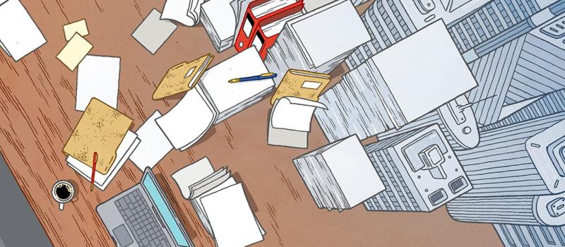 drawing of a working desk, a bit messy 