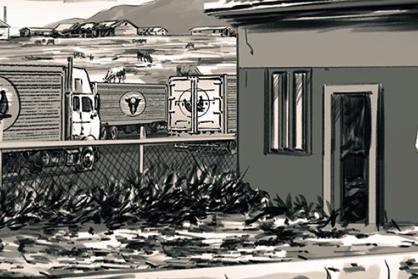 Illustration of two men talking beside a rural building as livestock trucks drive through a farmland landscape in the background.