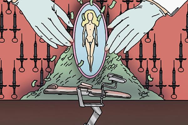 Illustration depicting a woman surrounded by hands and scissors